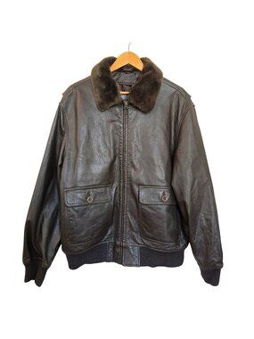 Johnston & Murphy XL Brown Genuine Leather Bomber Jacket Fur Collar Flight Coat